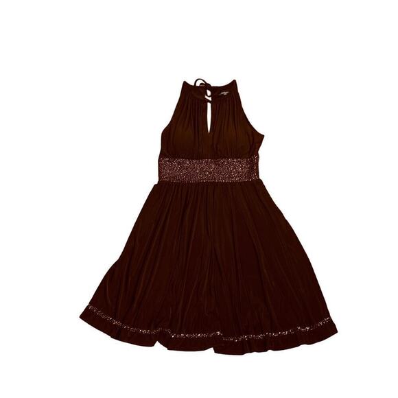 R & M Richards Brown Beaded Halter Neck Knee Length Fit & Flare Dress Size 12P - Picture 3 of 10